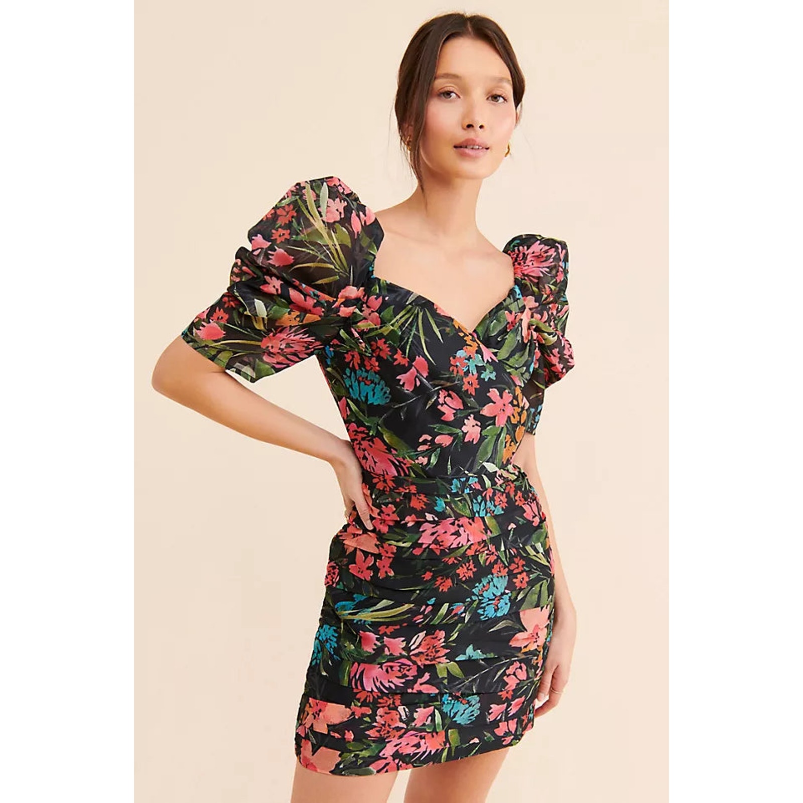 C/Meo Collective Tropical Floral Puff Sleeve Mini Dress Black Multi Womens Small